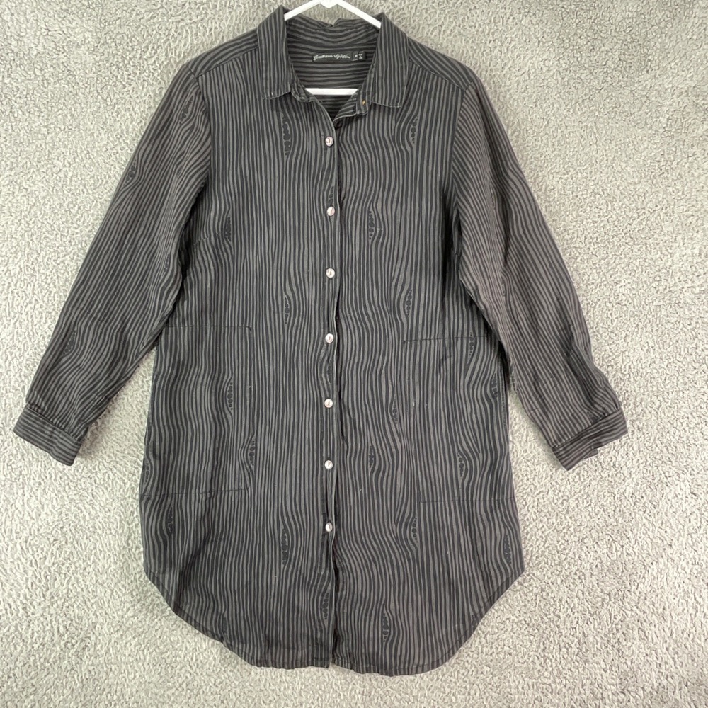Gudrun Sjoden Tunic Shirt Womens Medium Grey Black Stripe Button Boho Lagenlook